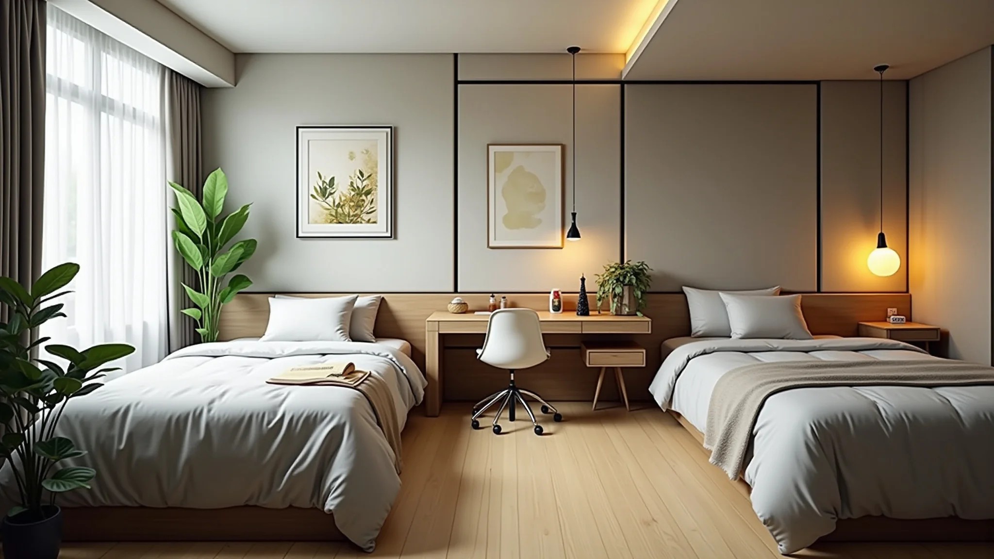 Home office no quarto separado por biombo com cama aconchegante ao fundo.