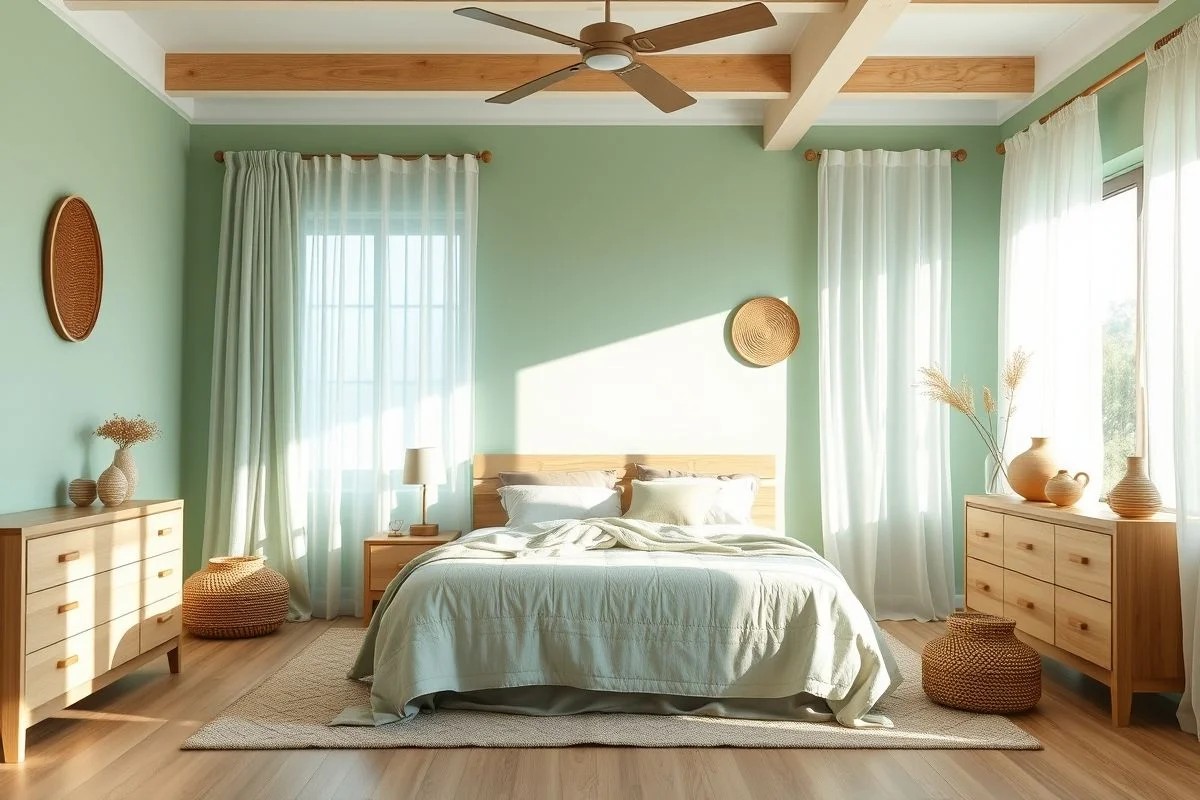 Quarto com paredes verde menta e decoração suave.