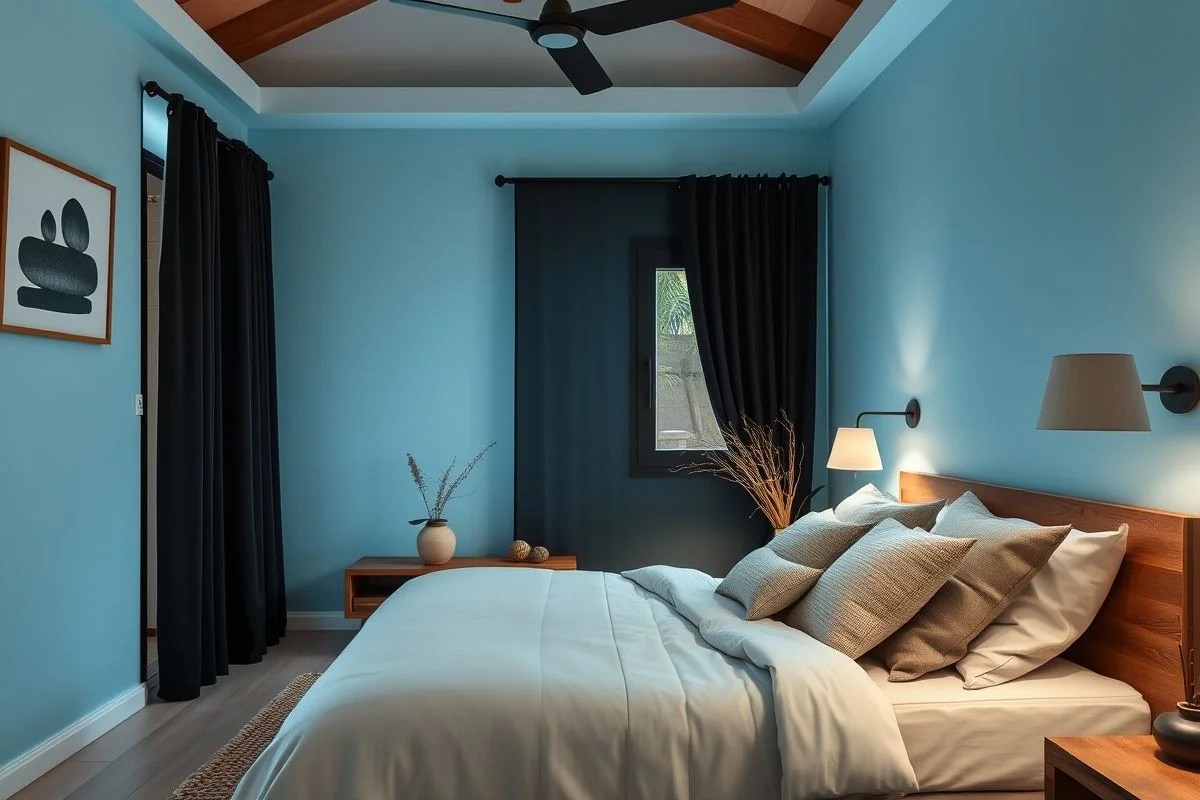 Quarto com paredes azuis claras para relaxamento.