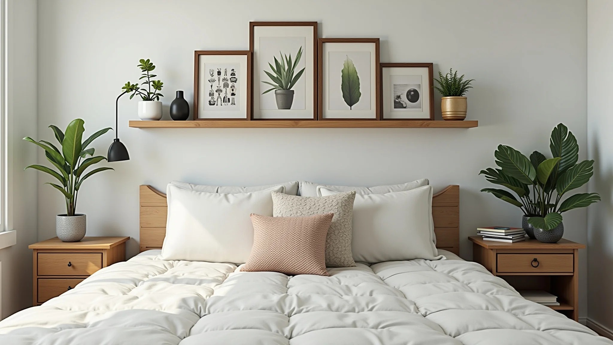 Estante com álbuns de fotos e porta-retratos em quarto decorado.