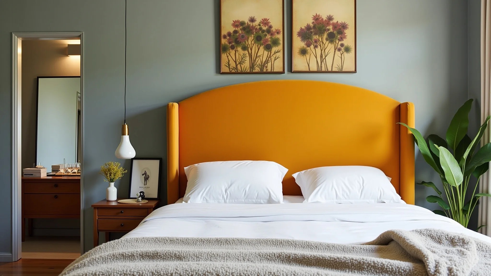 Quarto com cabeceira de veludo colorida e decoração brasileira.