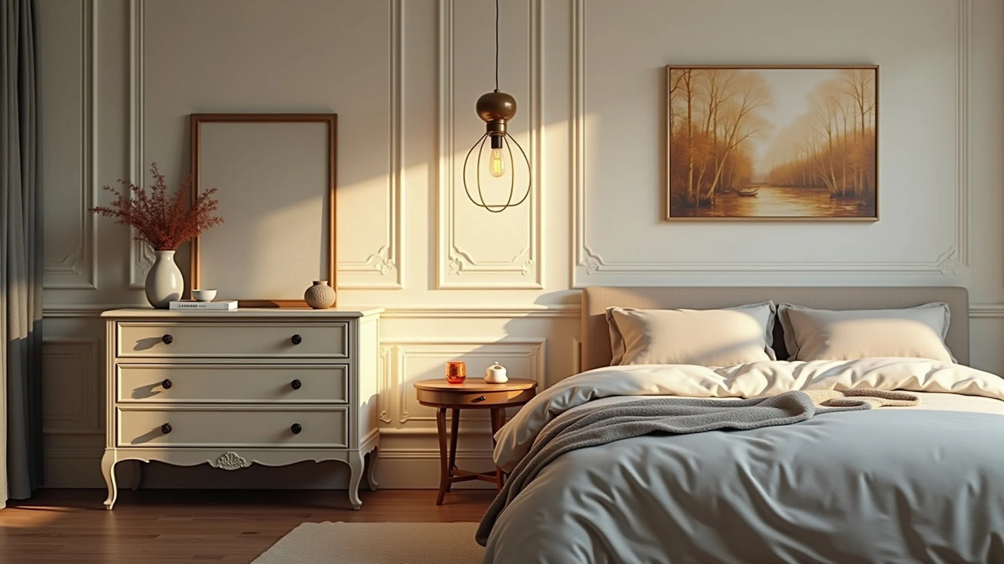 Quarto com cômoda vintage, arte moderna e cores neutras.