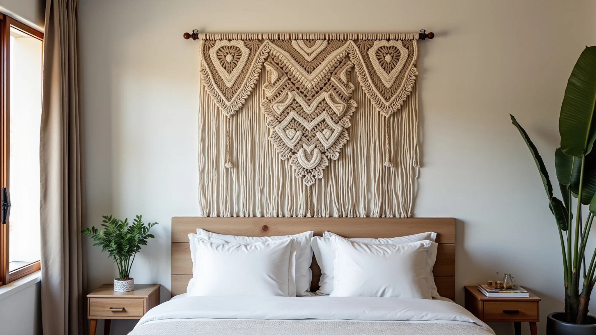 Parede decorada com macramê grande, estilo boho e elementos brasileiros.