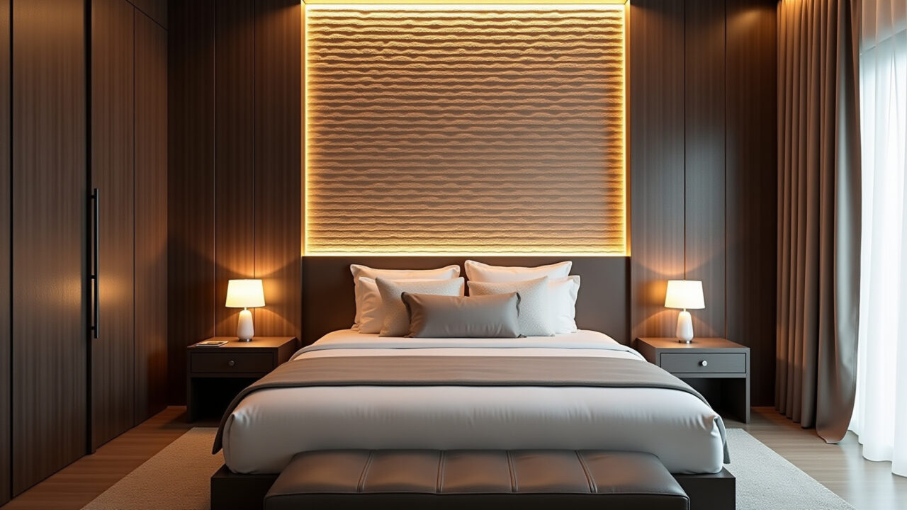 Quarto com papel de parede de tijolinho 3D atrás da cama e iluminação indireta.