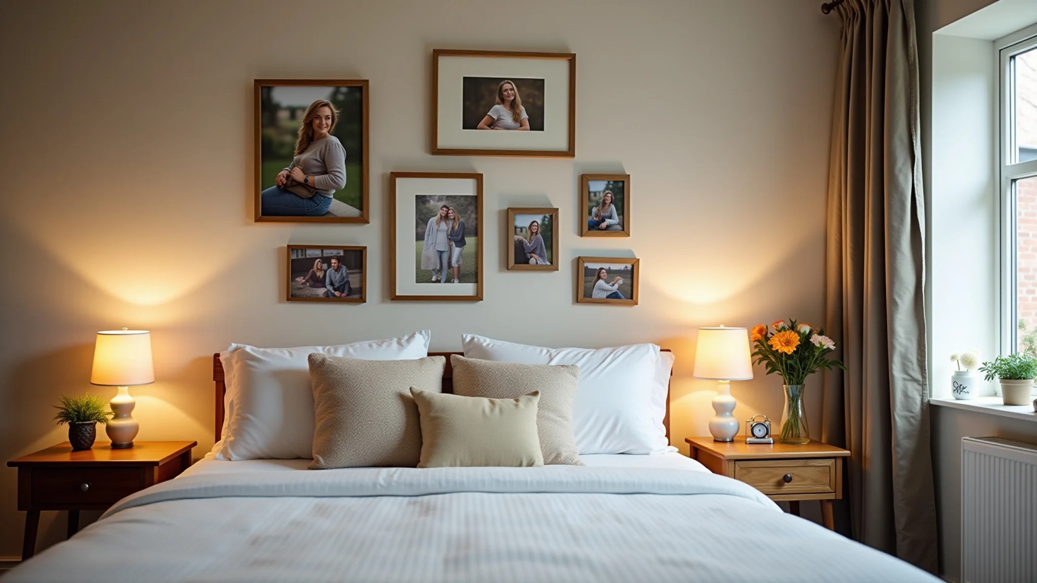 Quarto com galeria de fotos e obras de arte na parede, adicionando toque pessoal ao espaço.