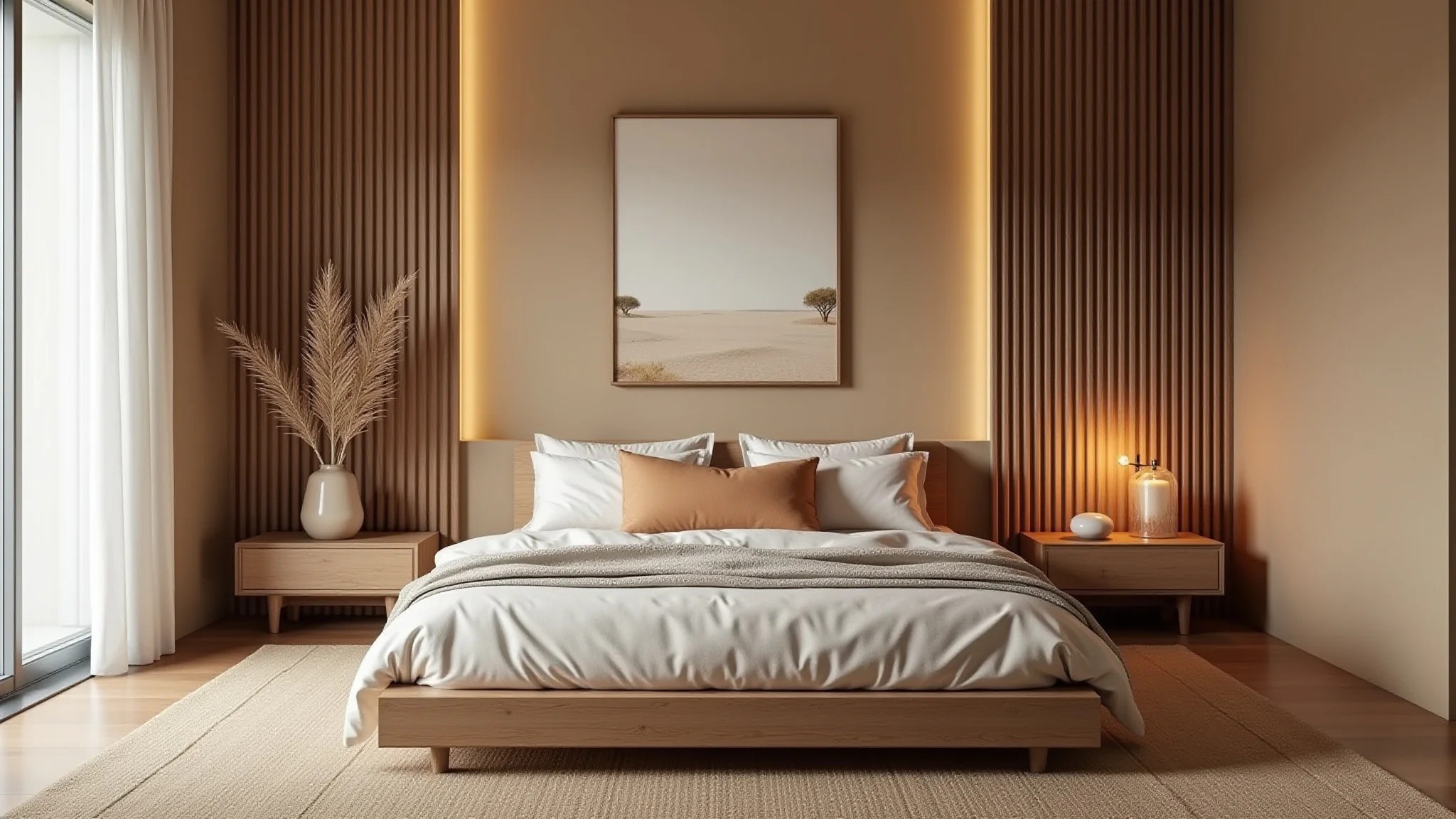 Quarto com paleta de cores harmoniosa e elementos de design brasileiro.