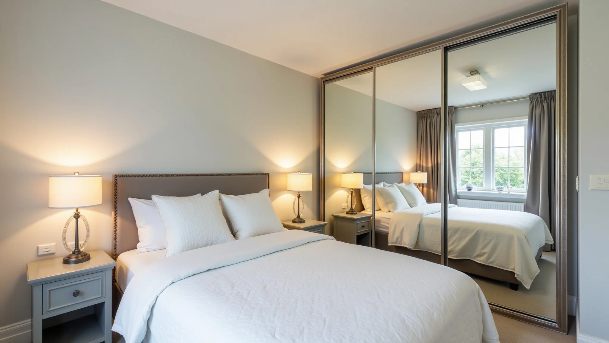 Quarto com espelho grande, criando ilusão de mais espaço. Decoração simples e elegante.