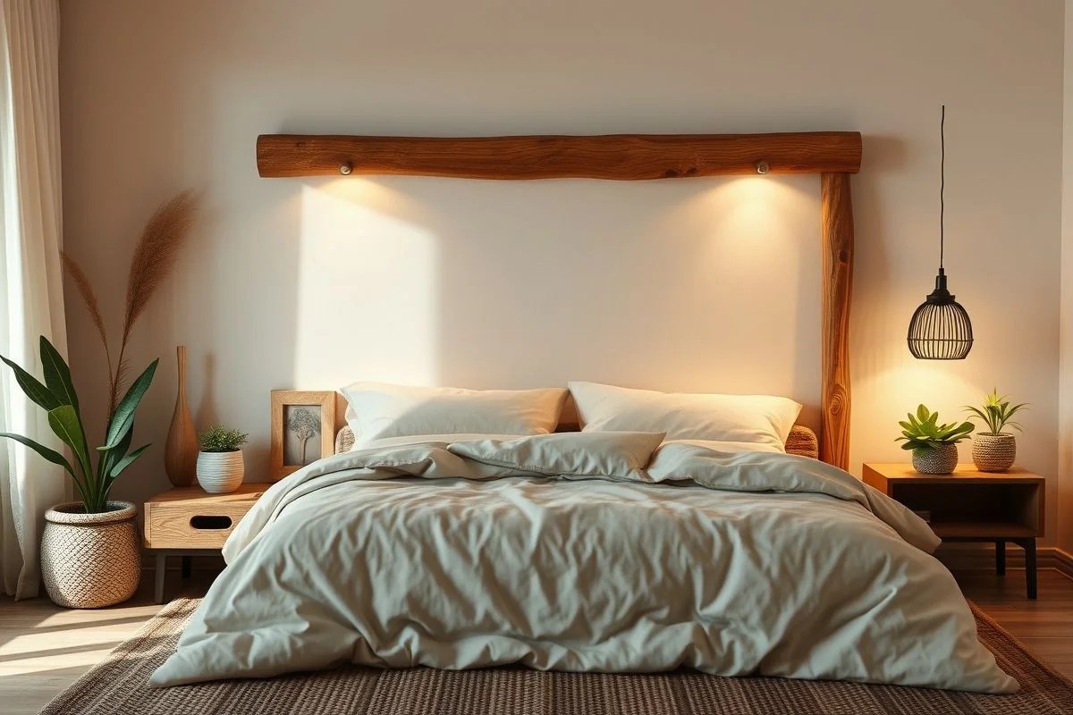 Quarto com cabeceira de cama feita com moldura rústica de madeira.