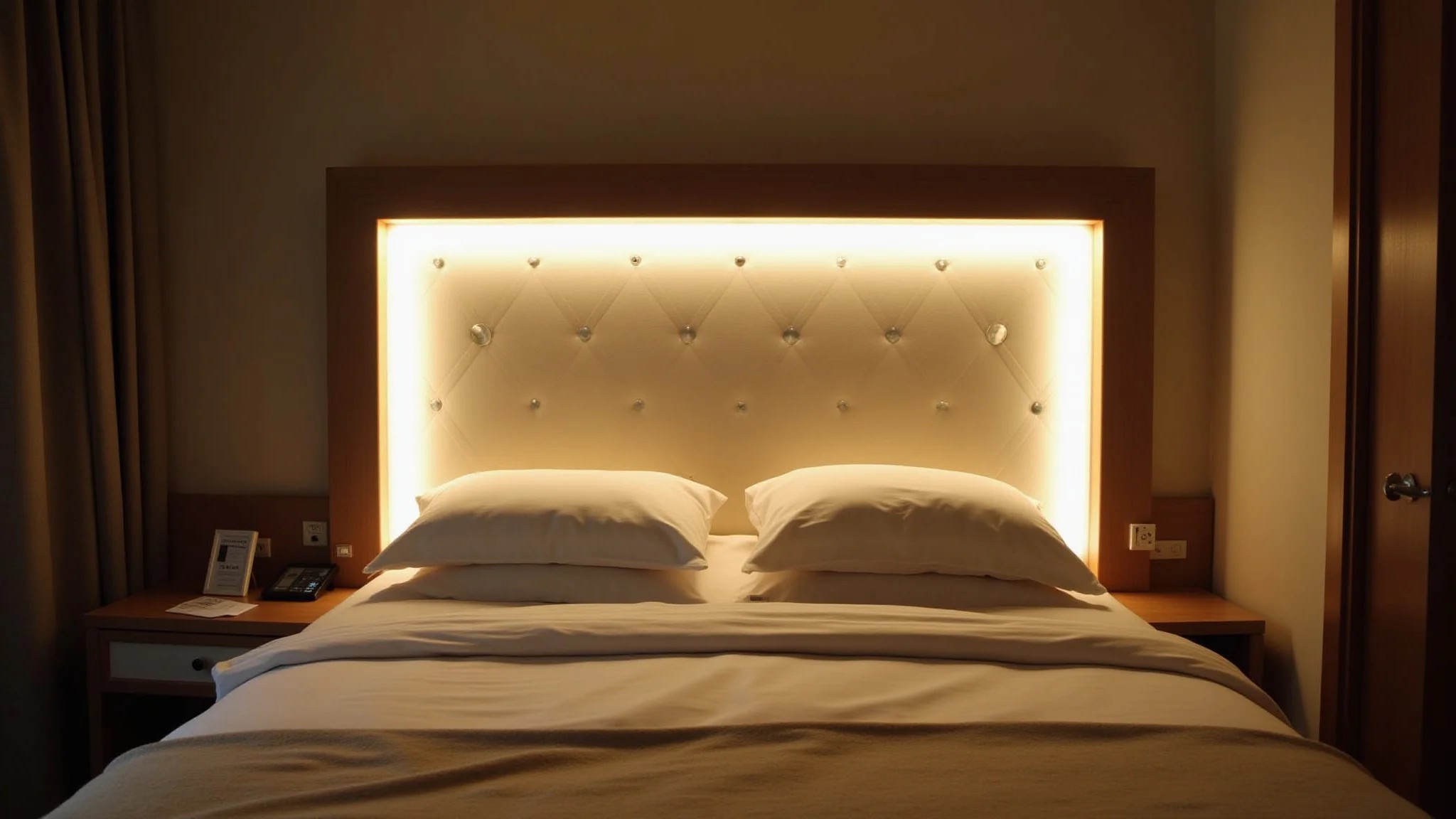 Cabeceira estofada com iluminação LED suave criando ambiente relaxante.