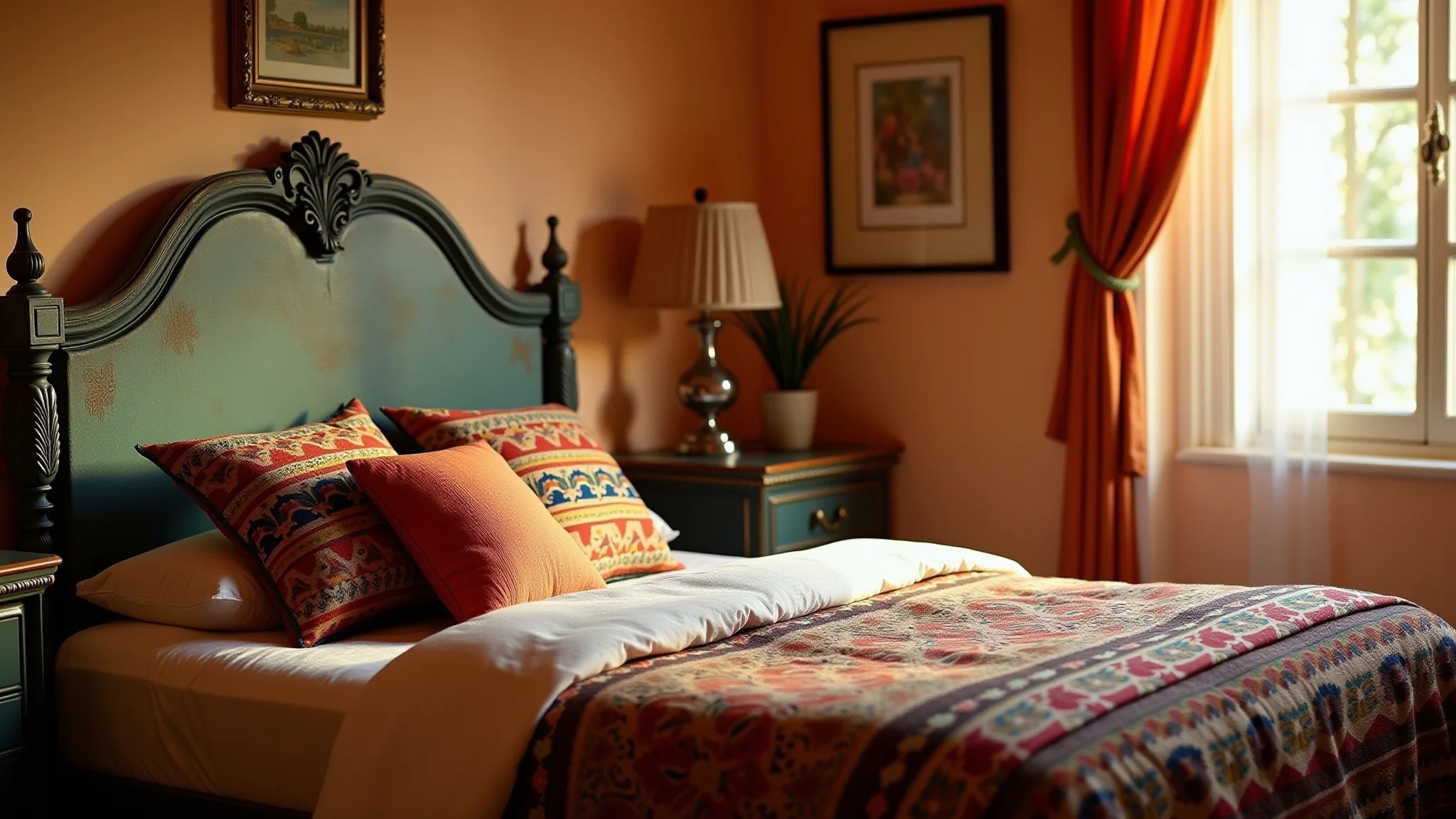 Quarto com cabeceira antiga, roupa de cama colorida e tecidos brasileiros.