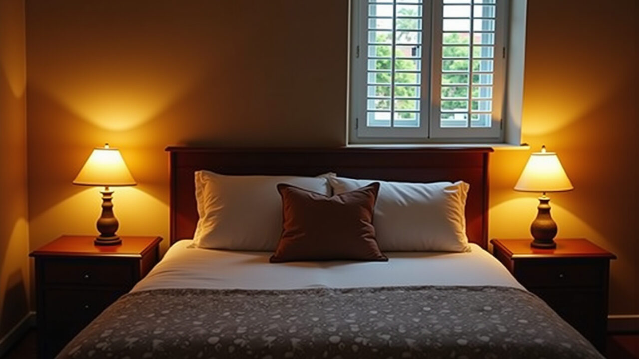 Quarto com abajures de lâmpadas de filamento, ambiente aconchegante.