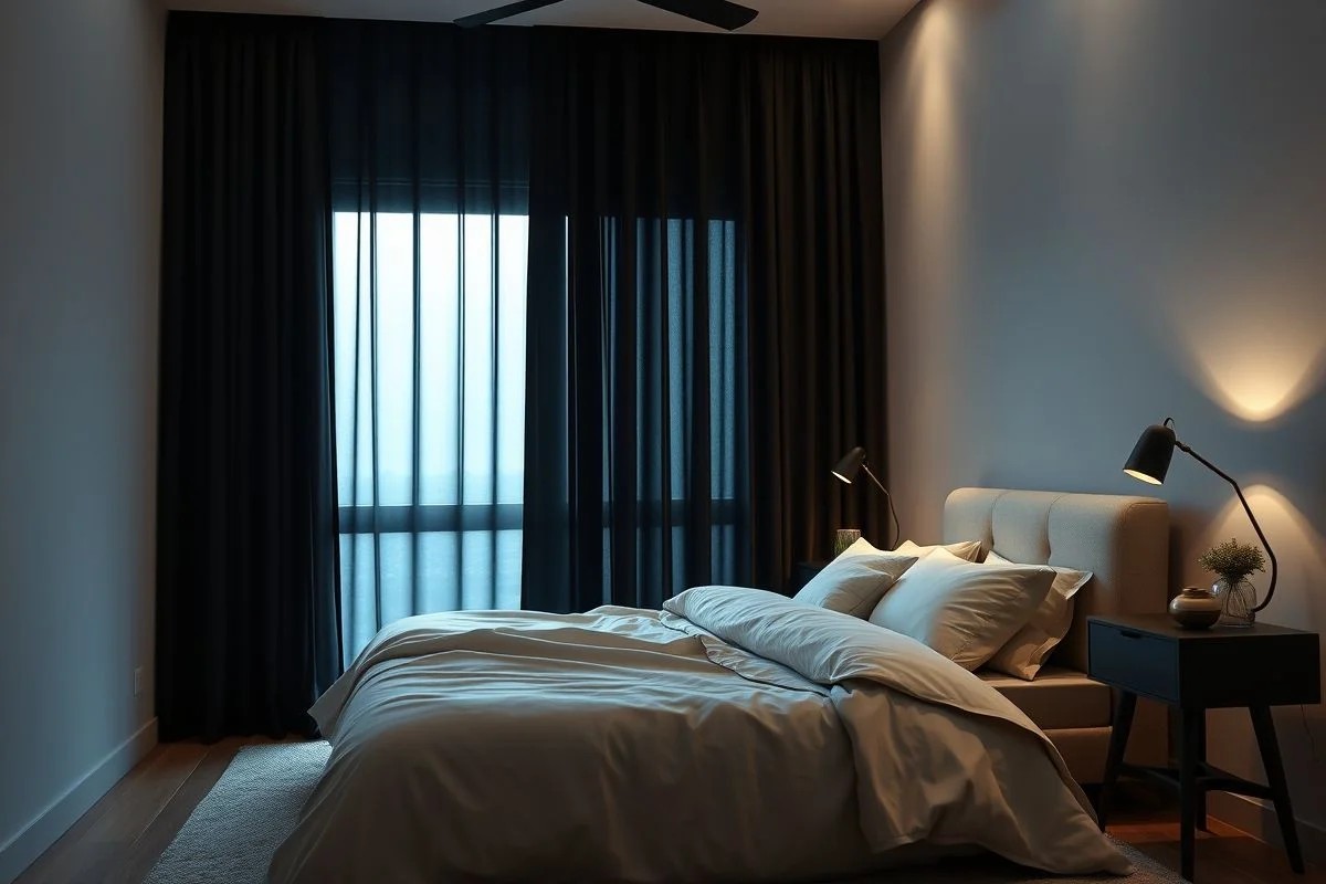 Quarto escuro com cortinas blackout e cama confortável.