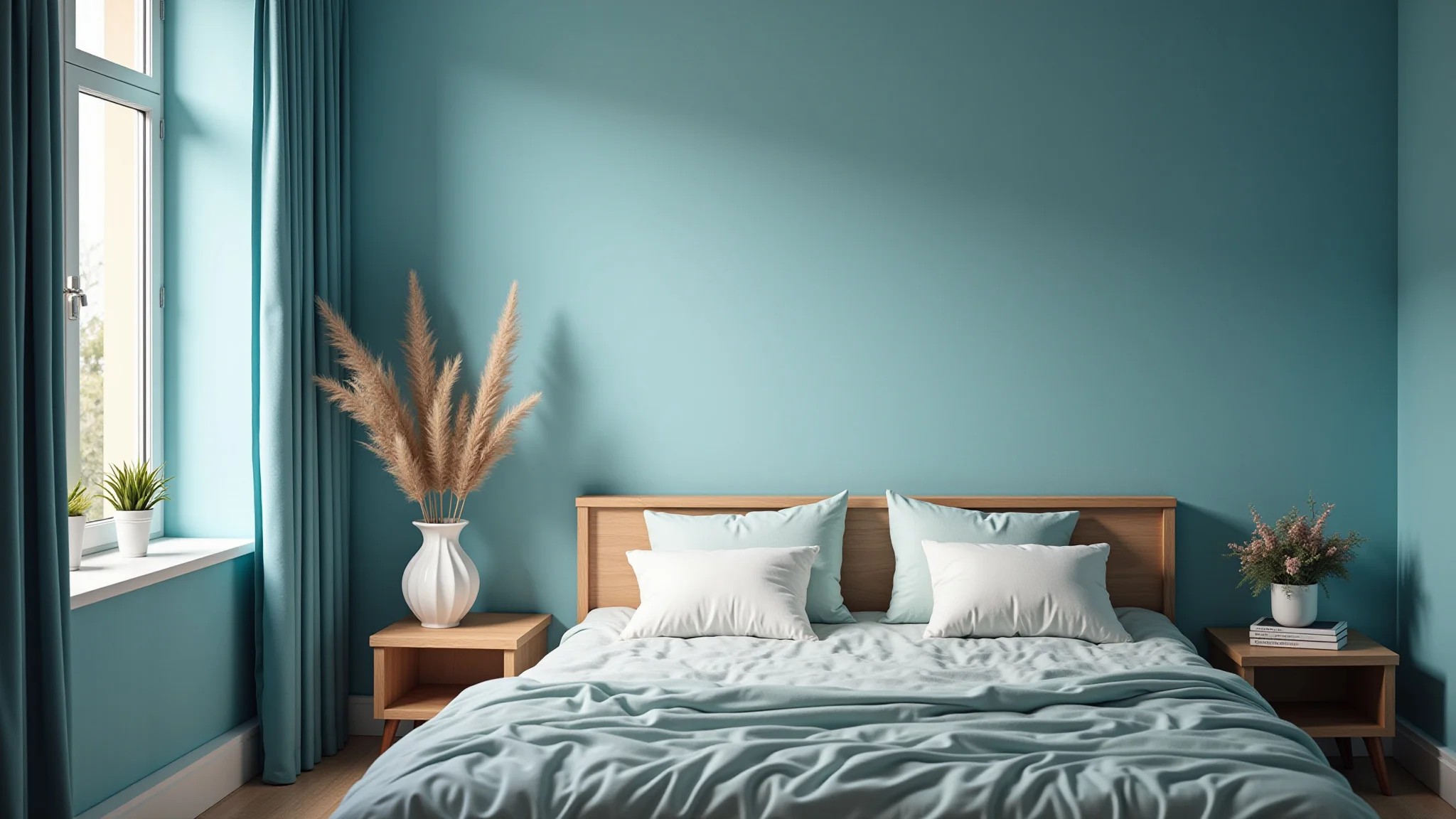 Quarto com paredes azuis, criando uma atmosfera tranquila e relaxante.