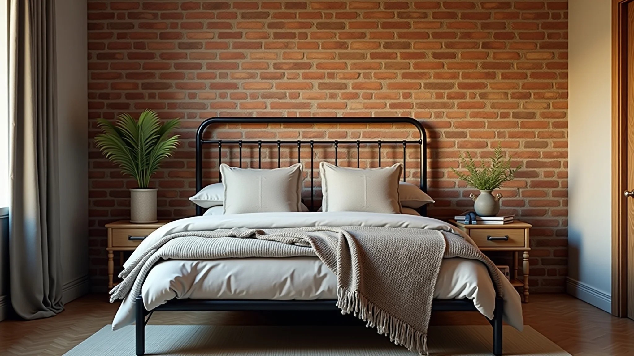 Quarto com parede de tijolos aparentes, cama de metal e iluminação suave.