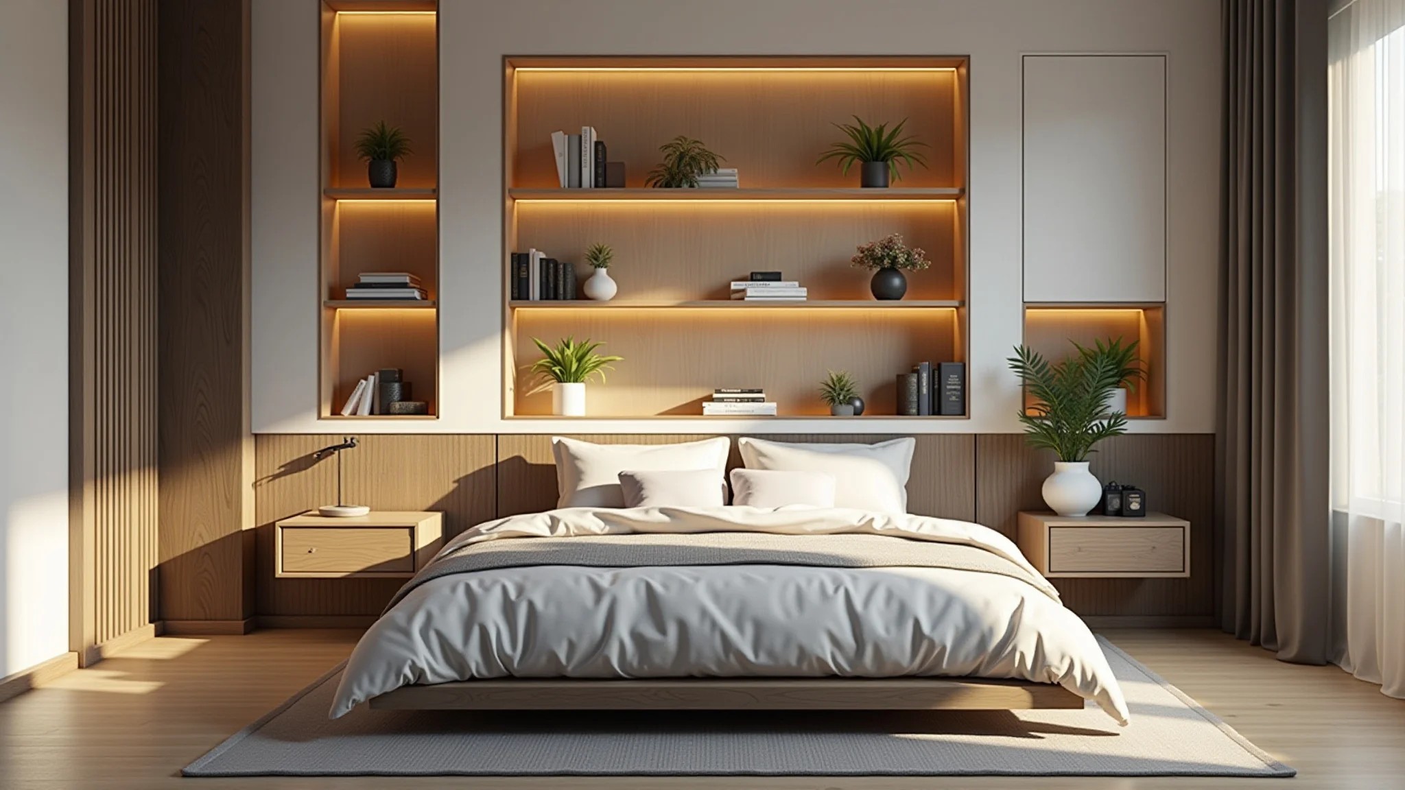 Quarto com nichos suspensos acima da cama, decorados com plantas e livros.