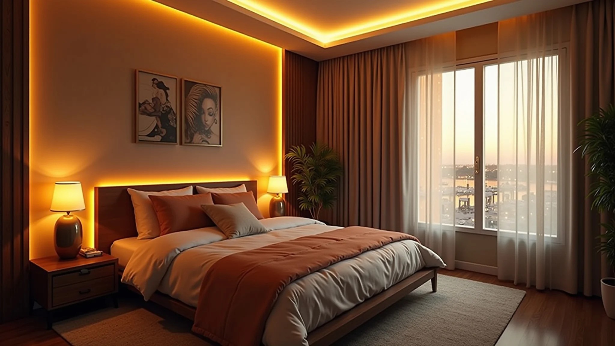 Quarto aconchegante com iluminação indireta de LED e design brasileiro.