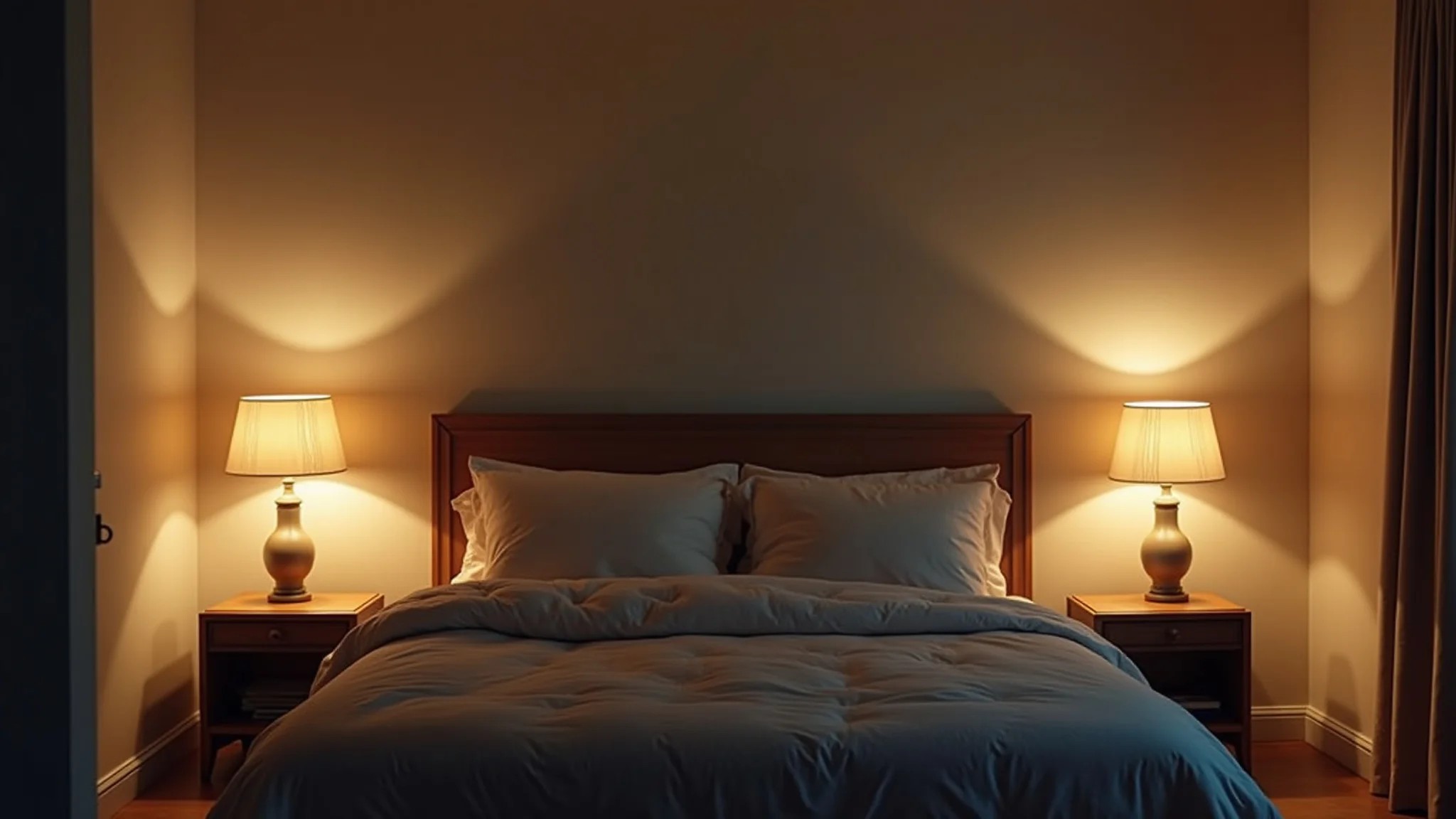 Quarto de casal com iluminação indireta de luminárias de chão e design minimalista.