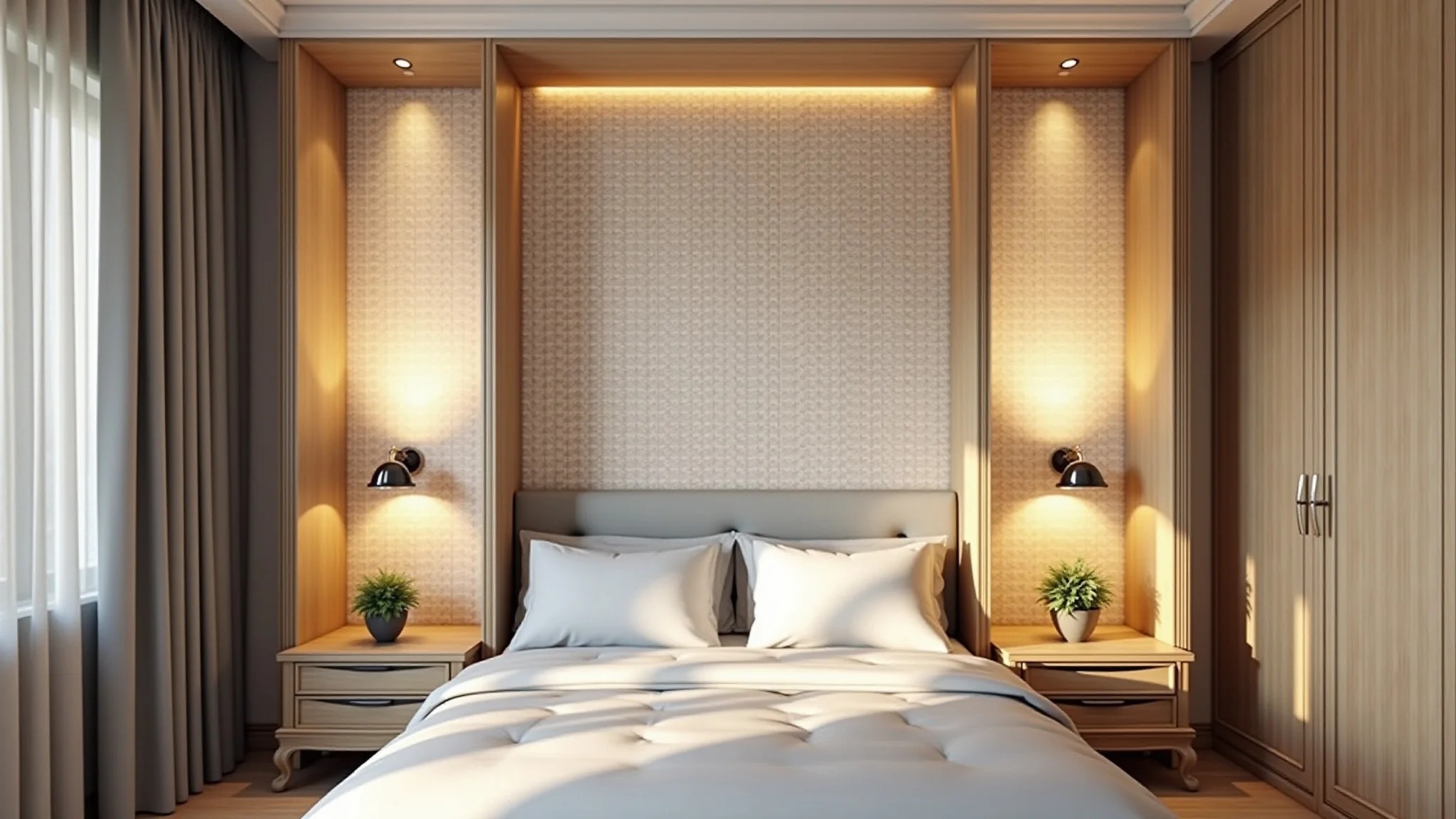 Quarto com nichos decorados com papel de parede floral e detalhes delicados.