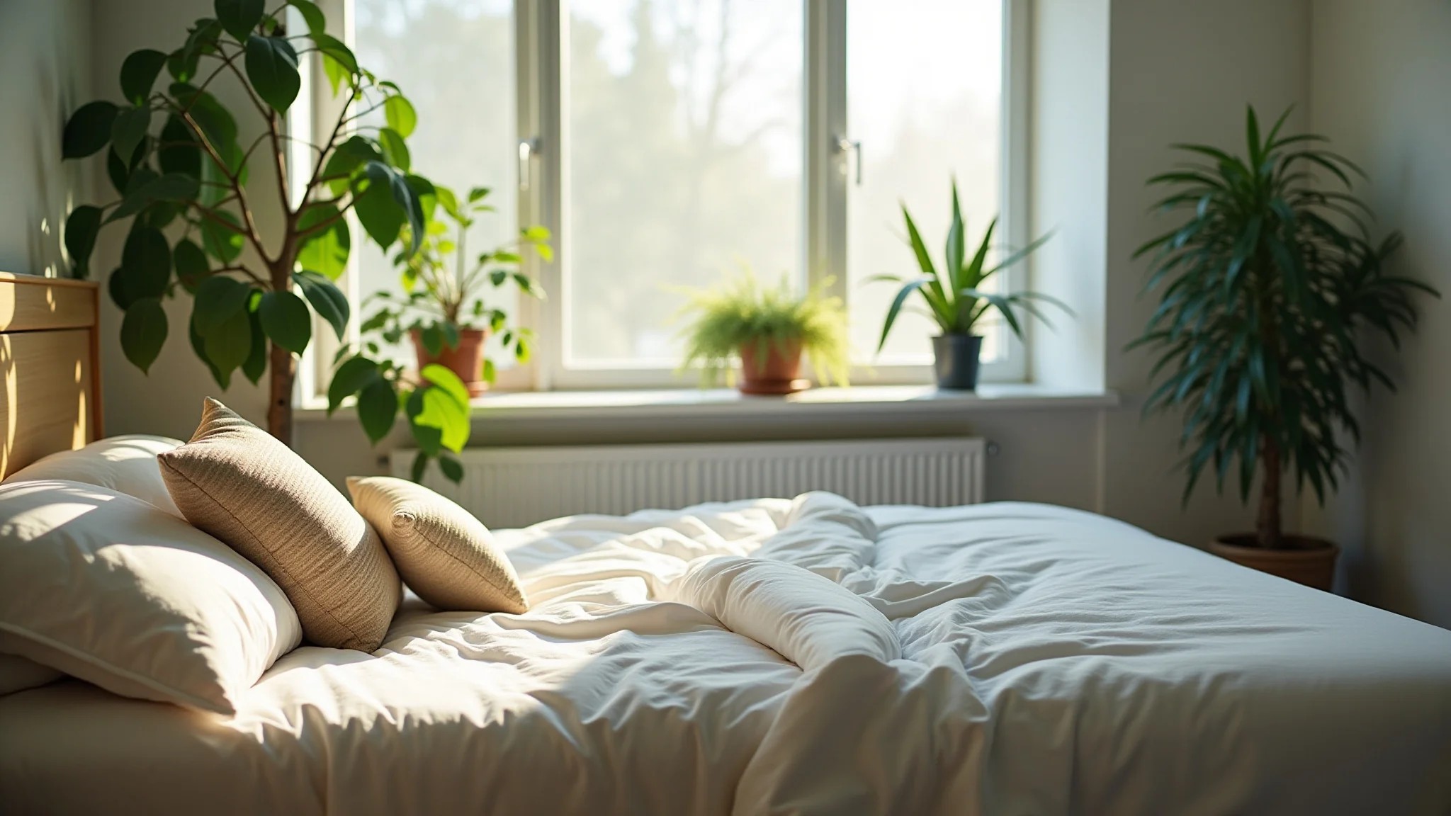 Quarto com plantas, criando atmosfera fresca e relaxante. Luz natural entrando, fotografia lifestyle.
