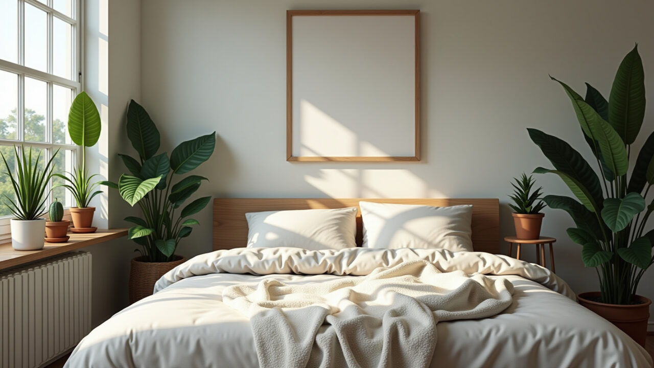 Quarto com plantas e iluminação natural.