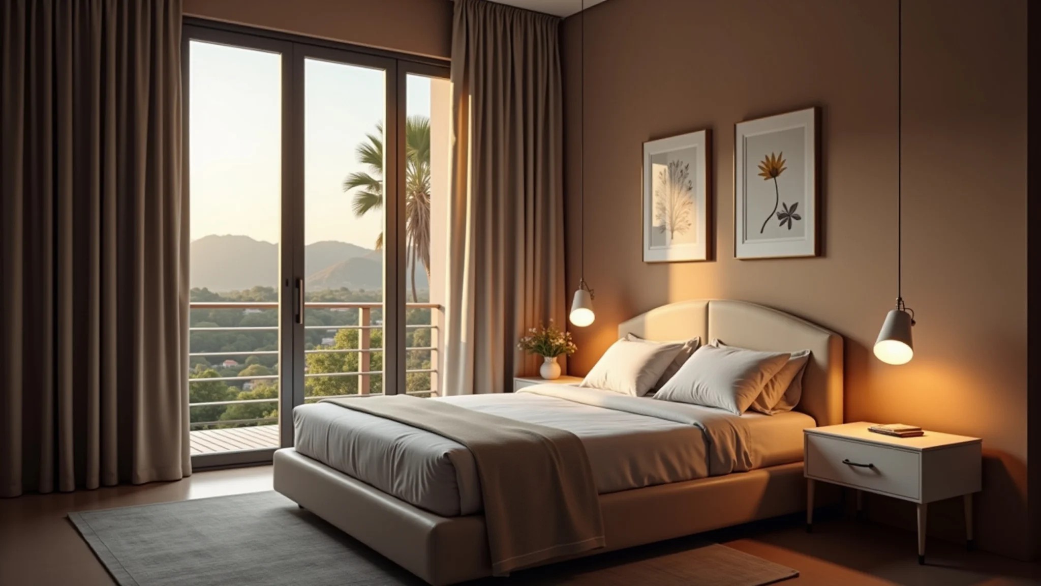 Quarto com iluminação estratégica, luminária de mesa e atmosfera aconchegante.