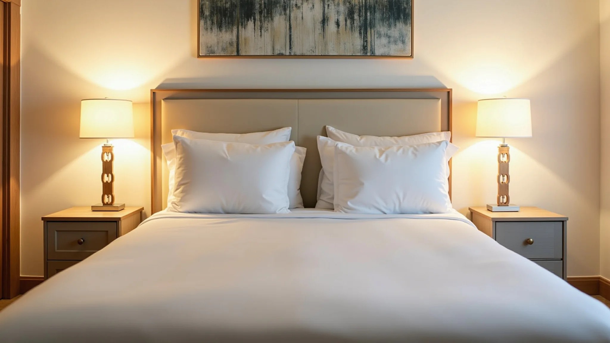 Quarto com dois abajures simétricos criando atmosfera relaxante.