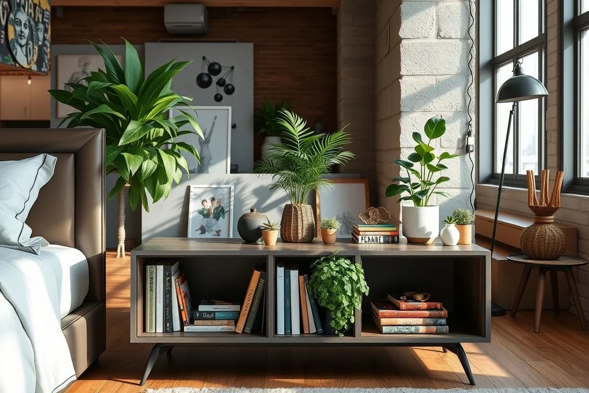 Mesa de cabeceira com nichos abertos exibindo livros e plantas em loft moderno no Brasil.