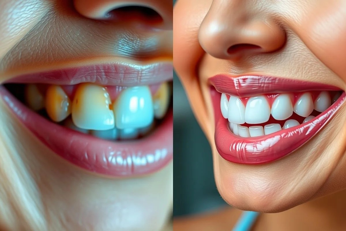 Antes e depois impactante de facetas de porcelana, sorriso transformado