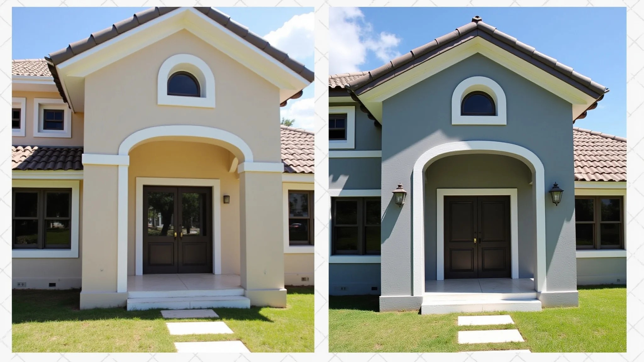 Transformação de fachada: antes e depois com pintura cinza moderna.