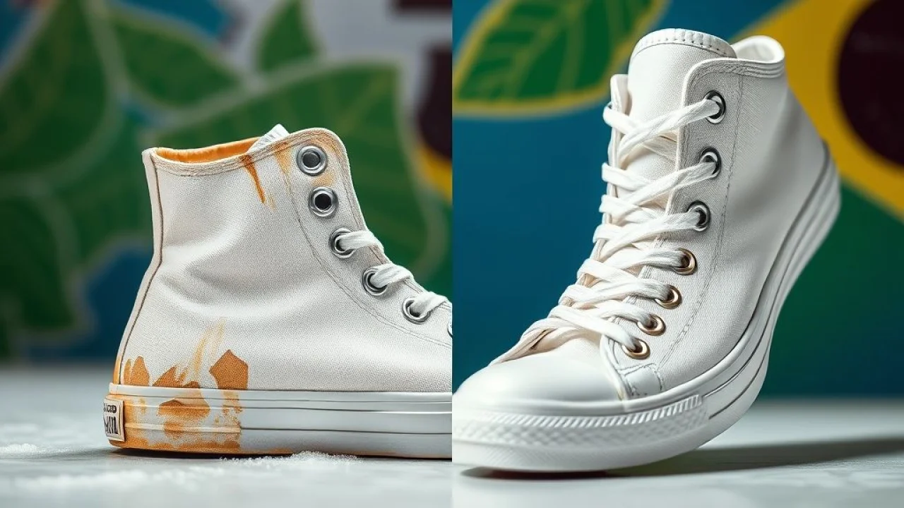 Comparativo: tênis branco antes e depois da limpeza com bicarbonato.