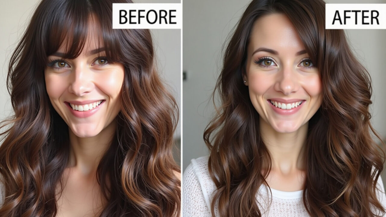 Cabelo antes e depois do uso de óleo de alecrim: mais forte e brilhante.