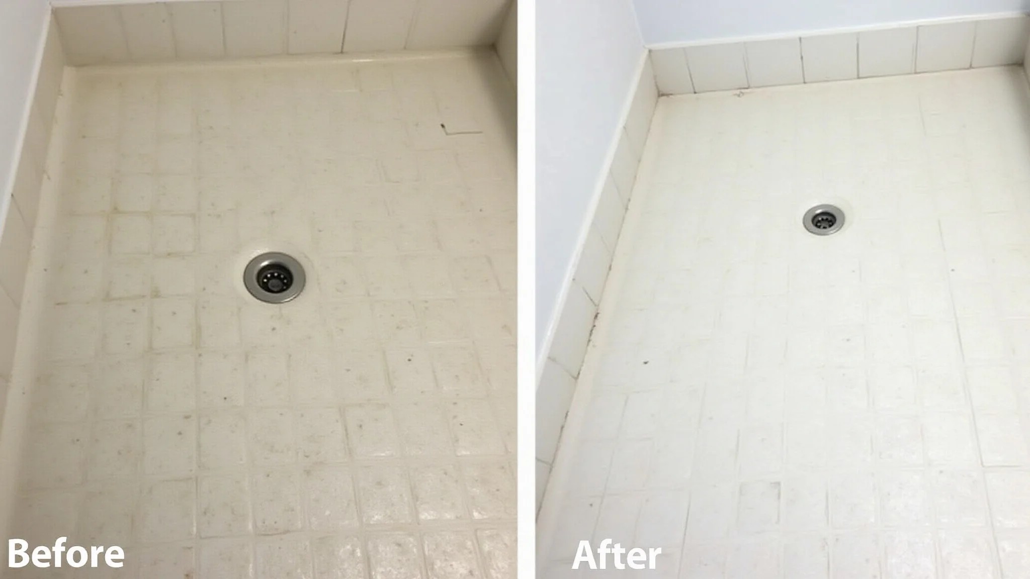Comparativo de rejunte de banheiro antes e depois da limpeza.