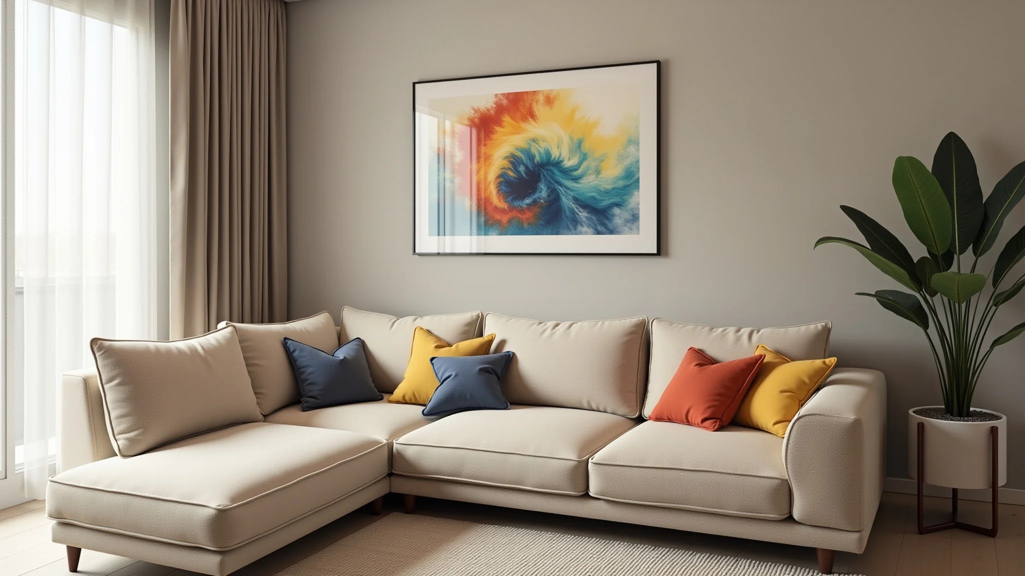 Sofá bege em sala neutra, almofadas coloridas e arte brasileira.