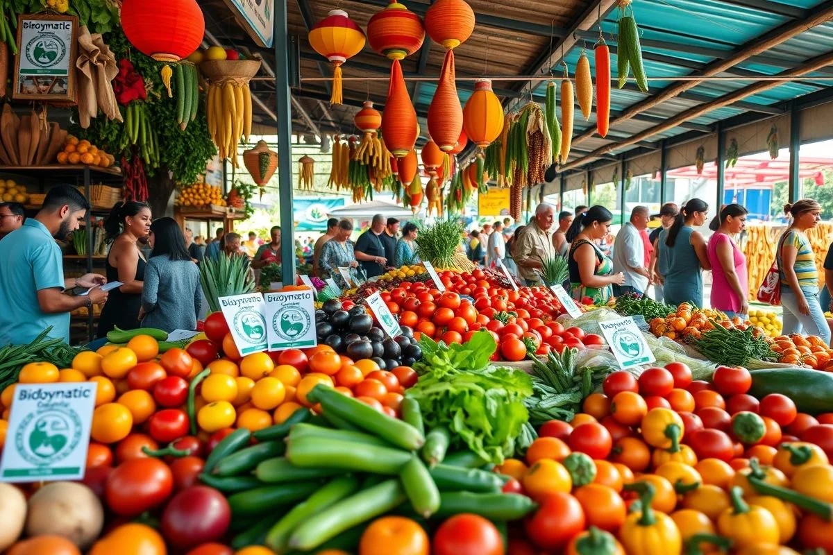 Produtos biodinâmicos em feira orgânica no Brasil.