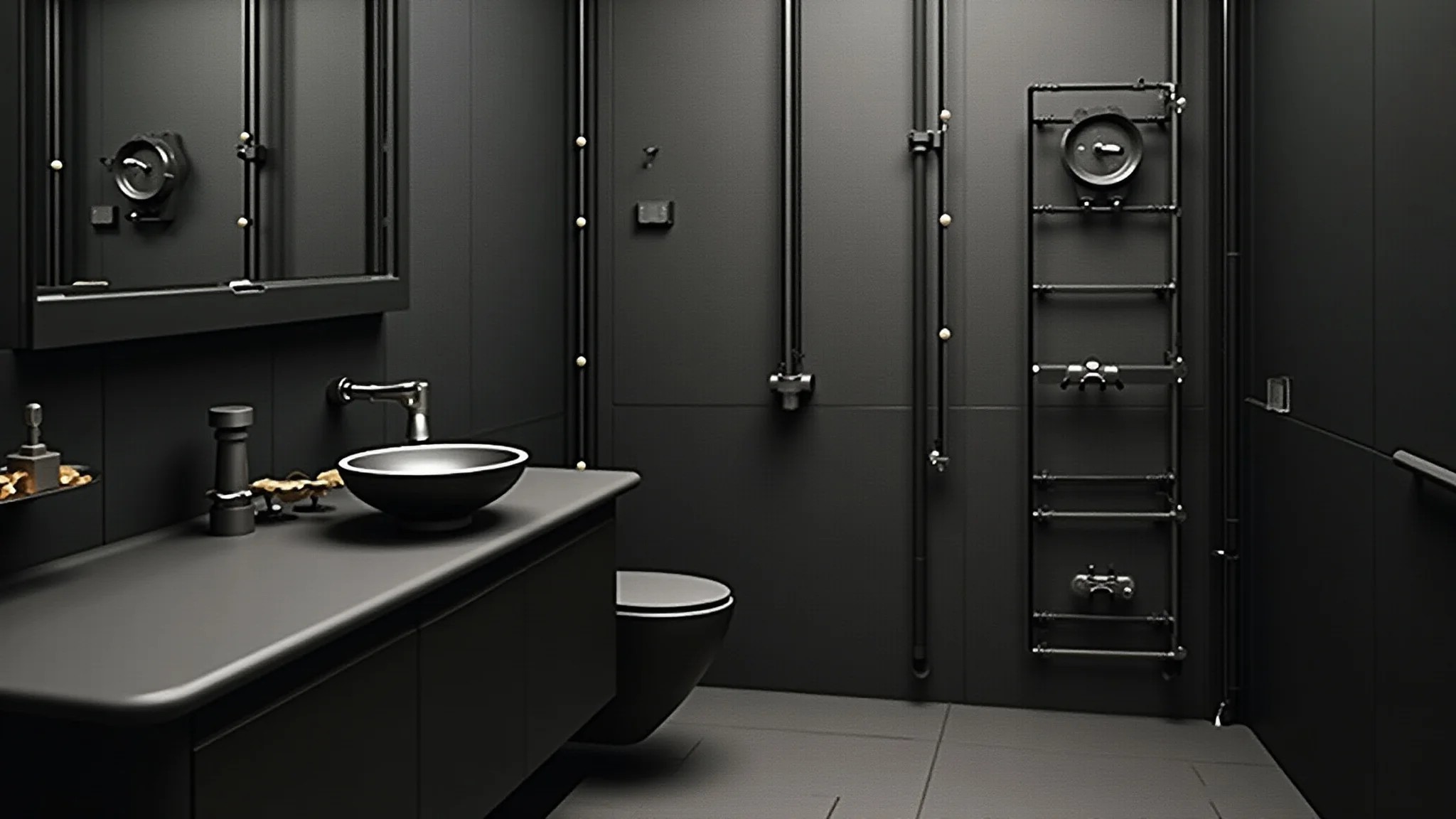 Banheiro preto com estilo industrial, tubulações aparentes e metais.