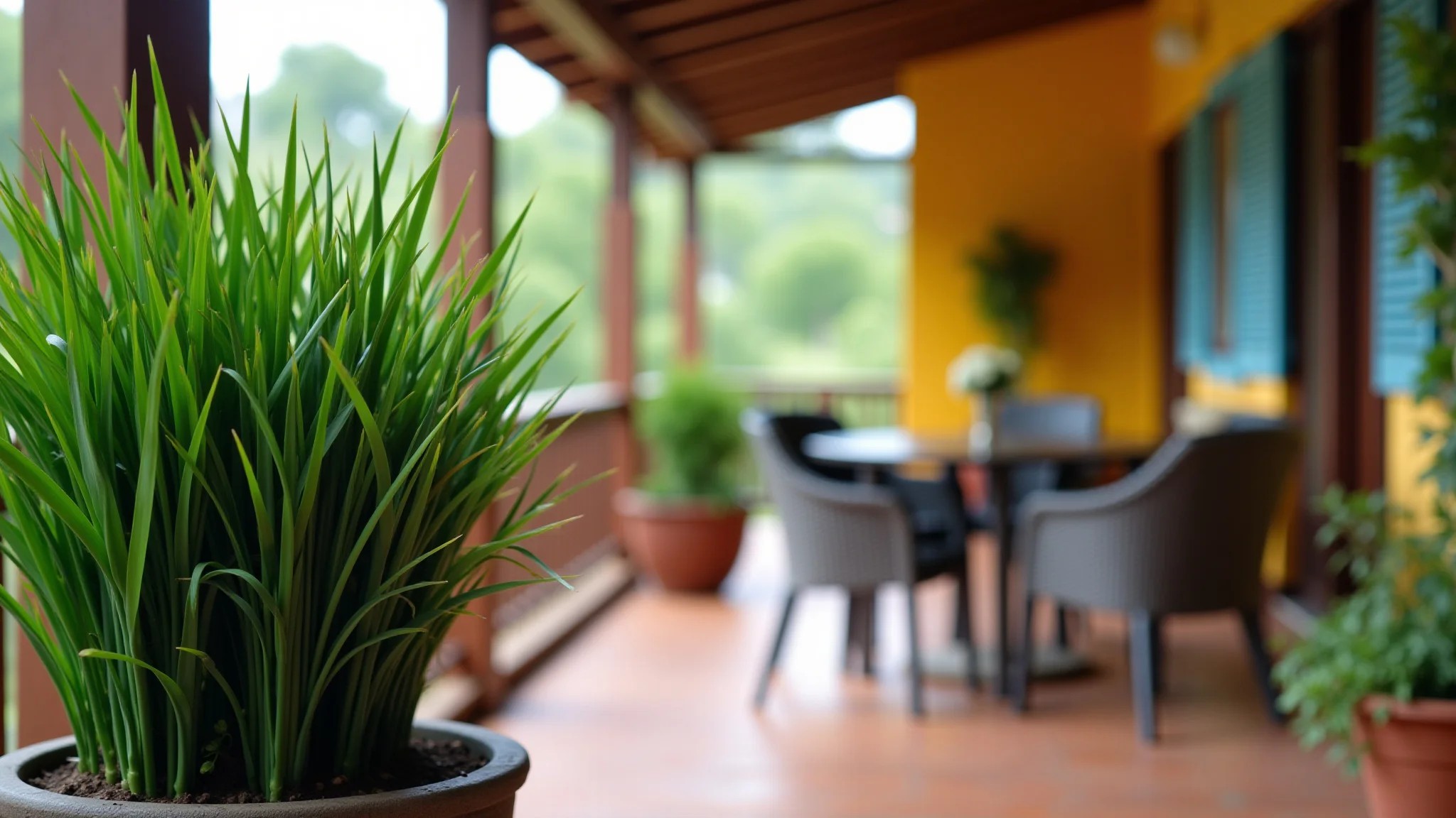 Vaso com grama preta em varanda estilo Farm Rio, com design colorido.