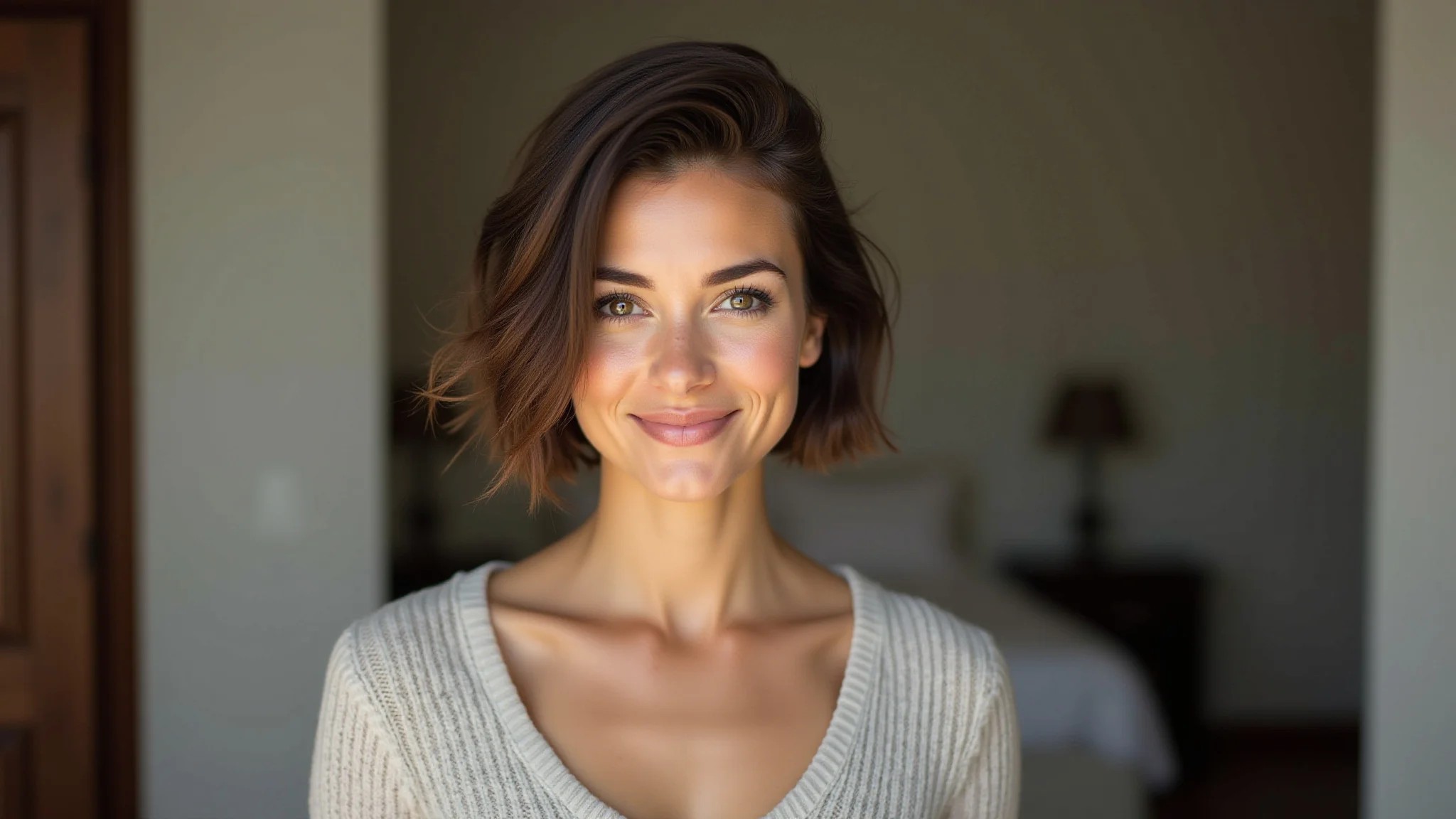Mulher morena com corte blunt cut sorrindo em ambiente iluminado.