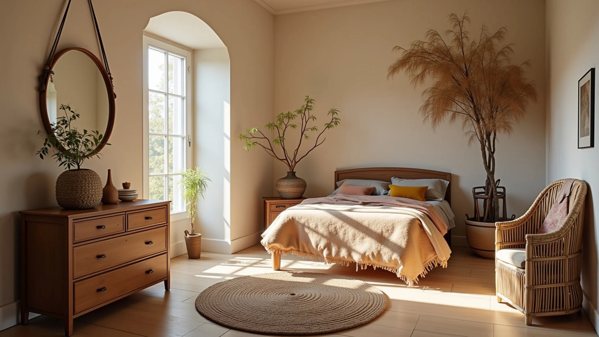 Quarto boêmio com espelho Adnet sobre cômoda vintage, detalhes em madeira e tecidos texturizados.