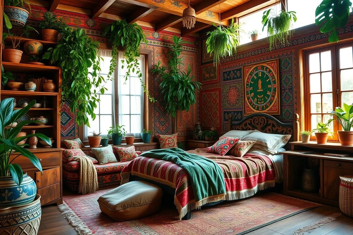 Quarto boho com cores vibrantes, estampas étnicas e móveis vintage.