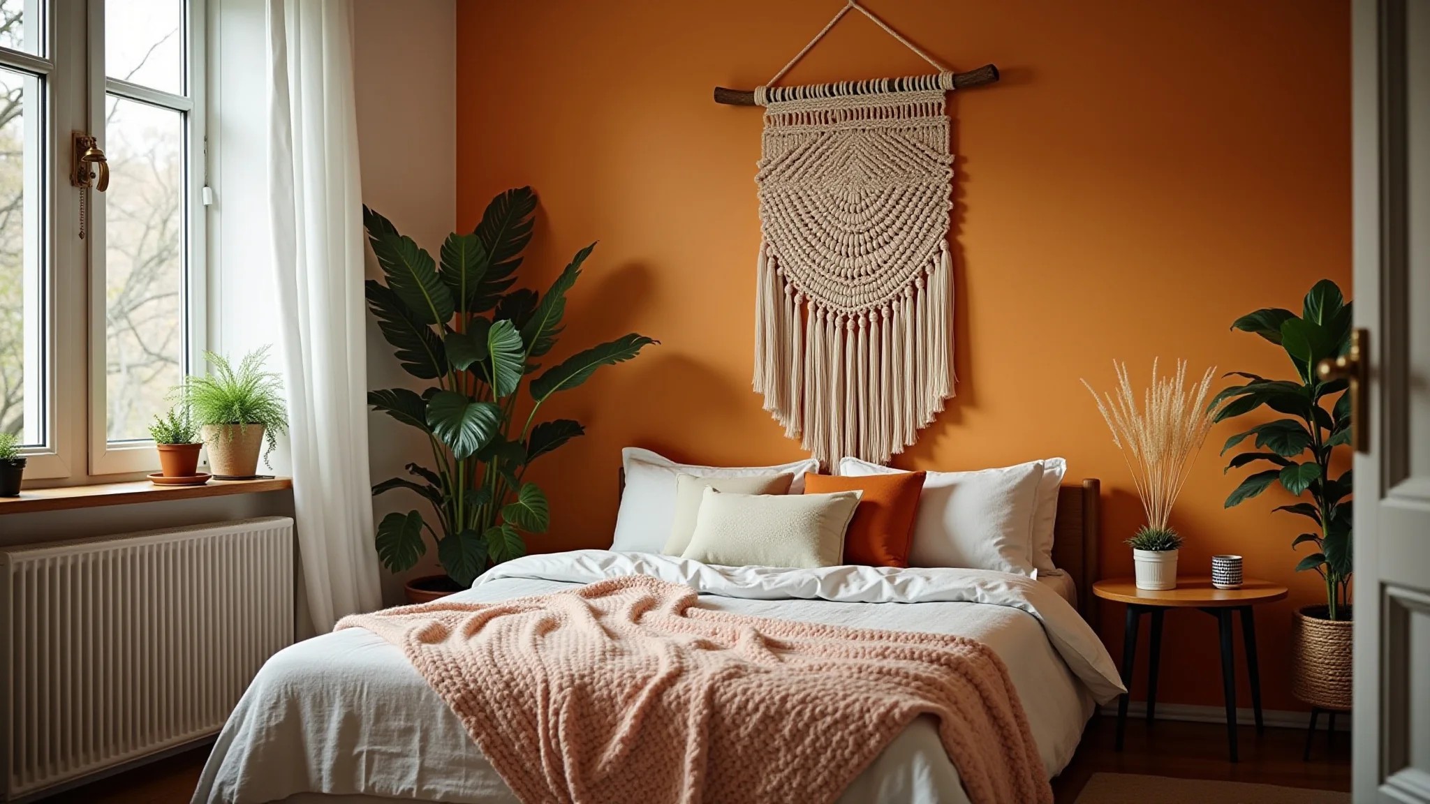 Quarto boho de casal com cores quentes, macramê, luz natural e plantas.
