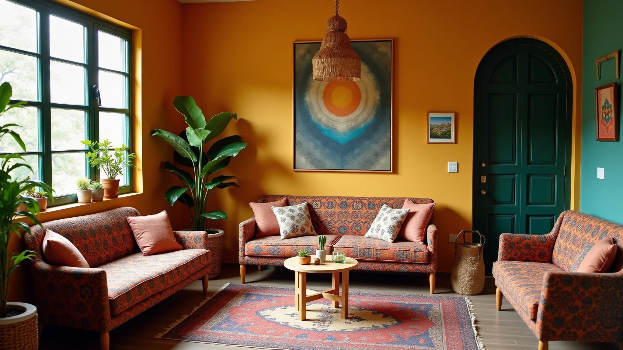 Sala de estar em estilo boho com cores vibrantes, texturas e plantas, criando um ambiente acolhedor e brasileiro.