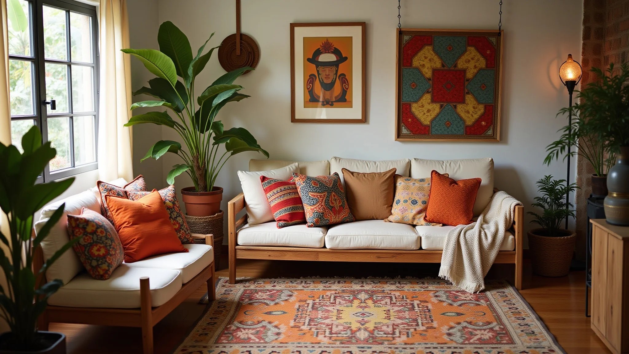 Sala de estar boho com iluminação vibrante, almofadas coloridas, tapetes e arte brasileira.