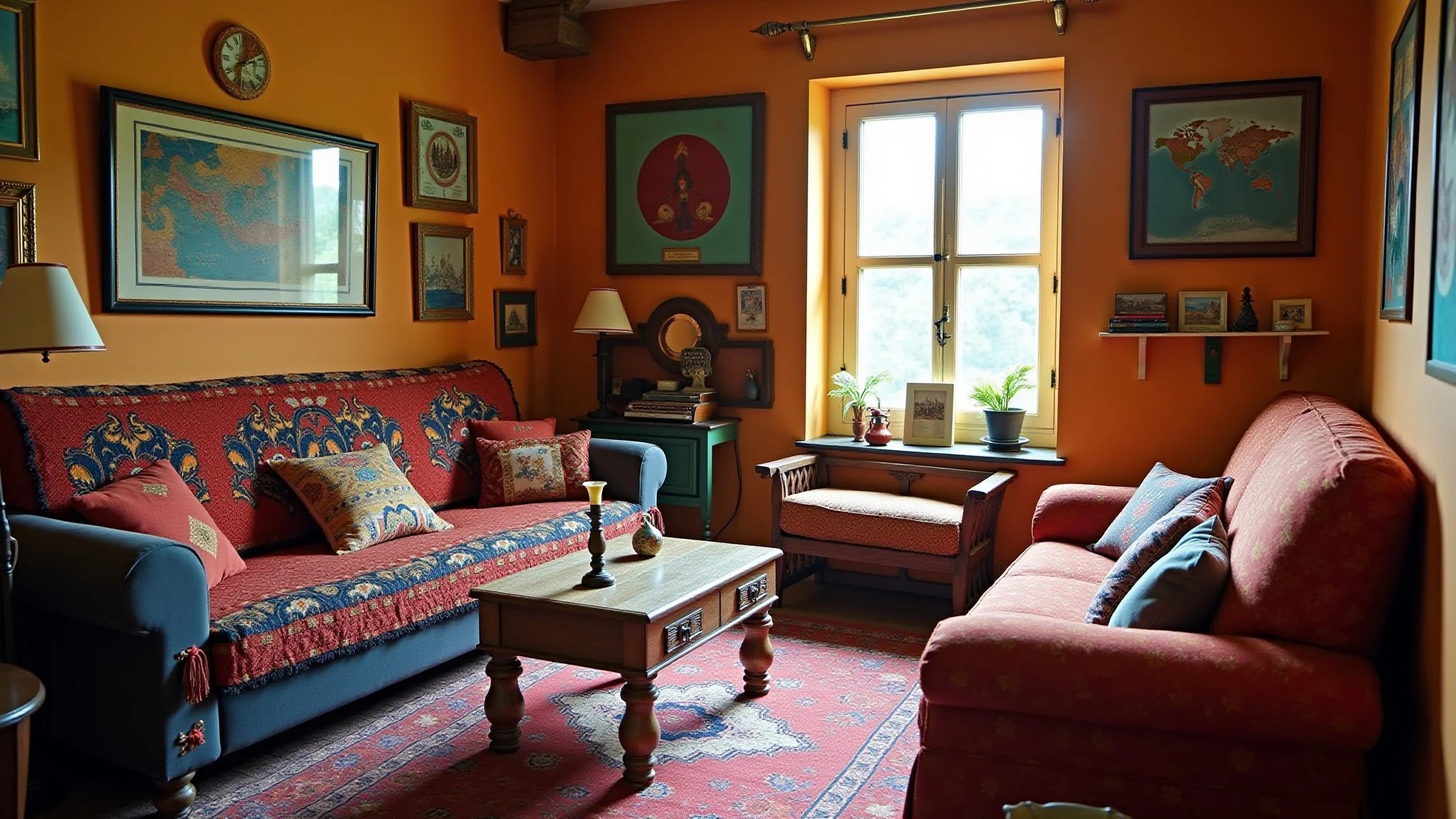 Sala boho inspirada em Sagitário: cores vibrantes, lembranças de viagem e estilo étnico.