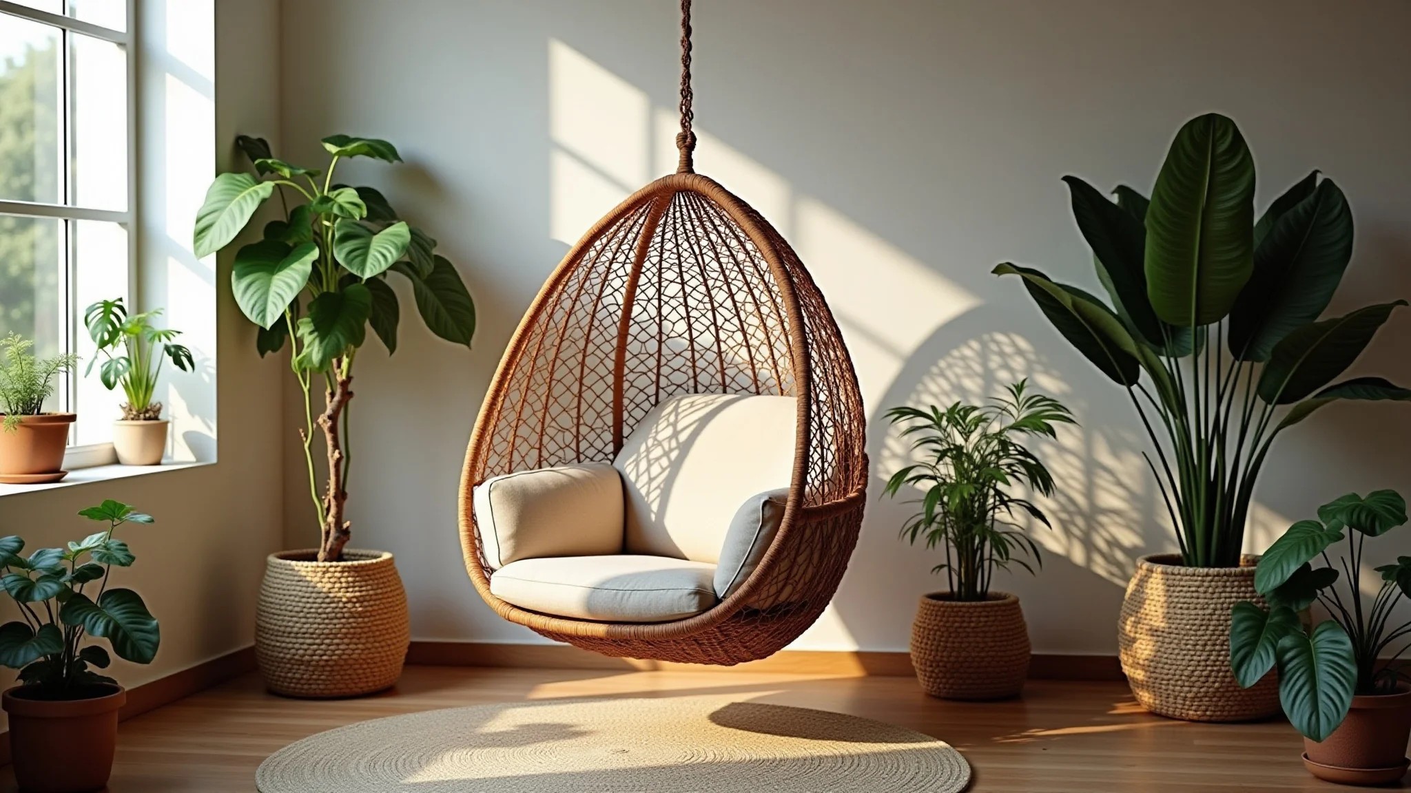 Sala boêmia com poltrona suspensa e plantas.