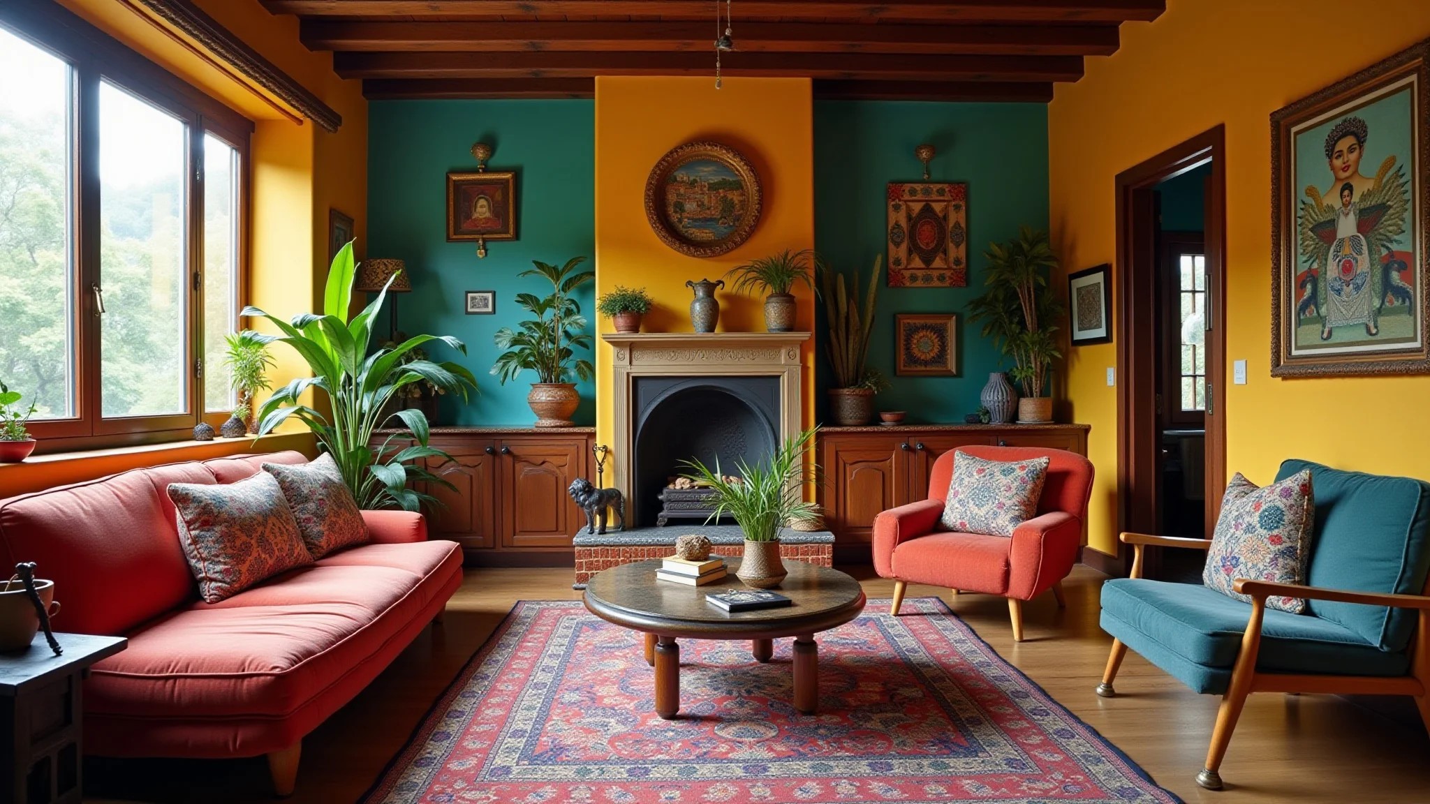 Sala de estar boho com cores vibrantes, texturas diversas e iluminação natural.