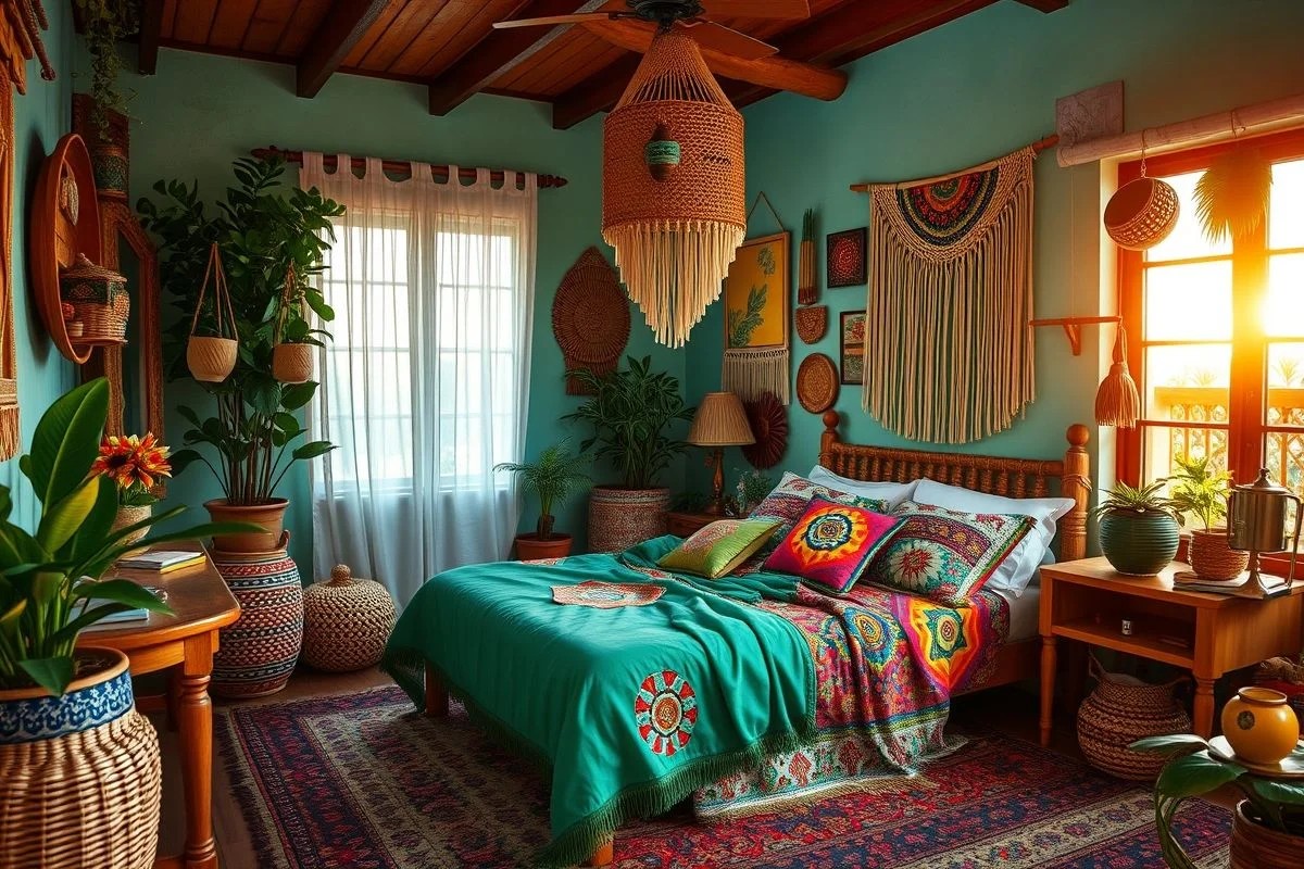 Quarto estilo boho, cores vibrantes, estampas étnicas. Decoração acolhedora e personalizada.