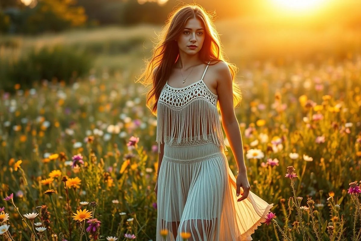 Mulher boho com top de crochê com franjas em campo florido.