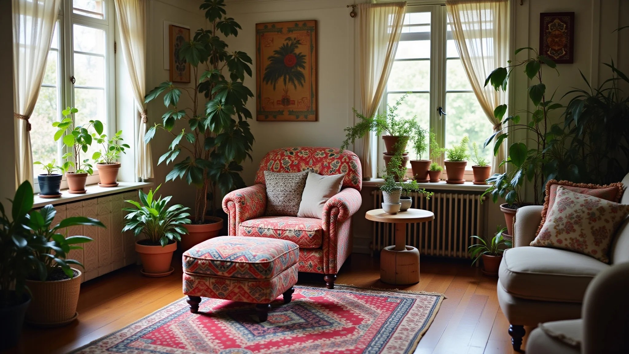 Sala de estar estilo boho com poltrona colorida, estampas étnicas e texturas rústicas.