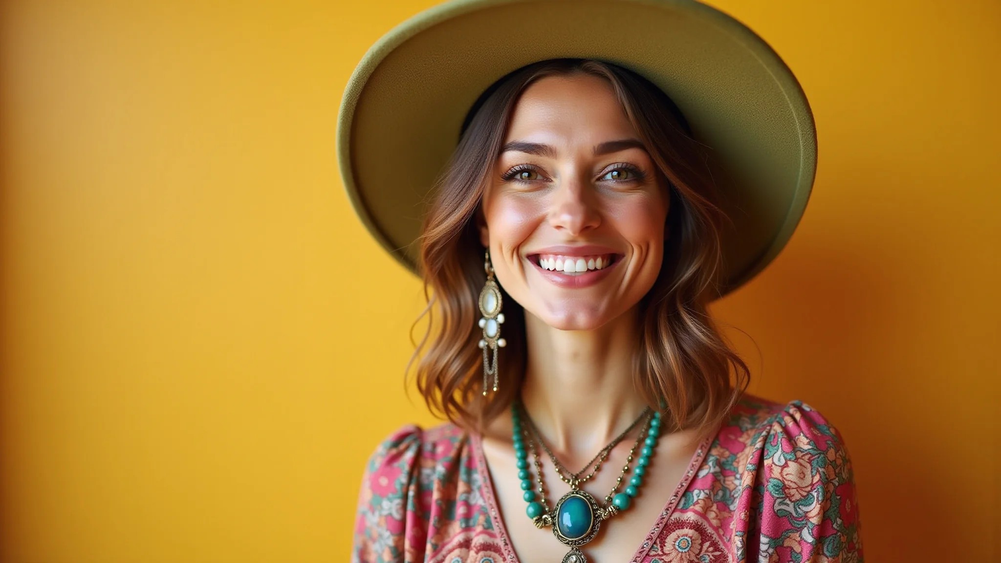 Mulher boho com chapéu melon, vestido floral e joias artesanais em luz dourada suave.