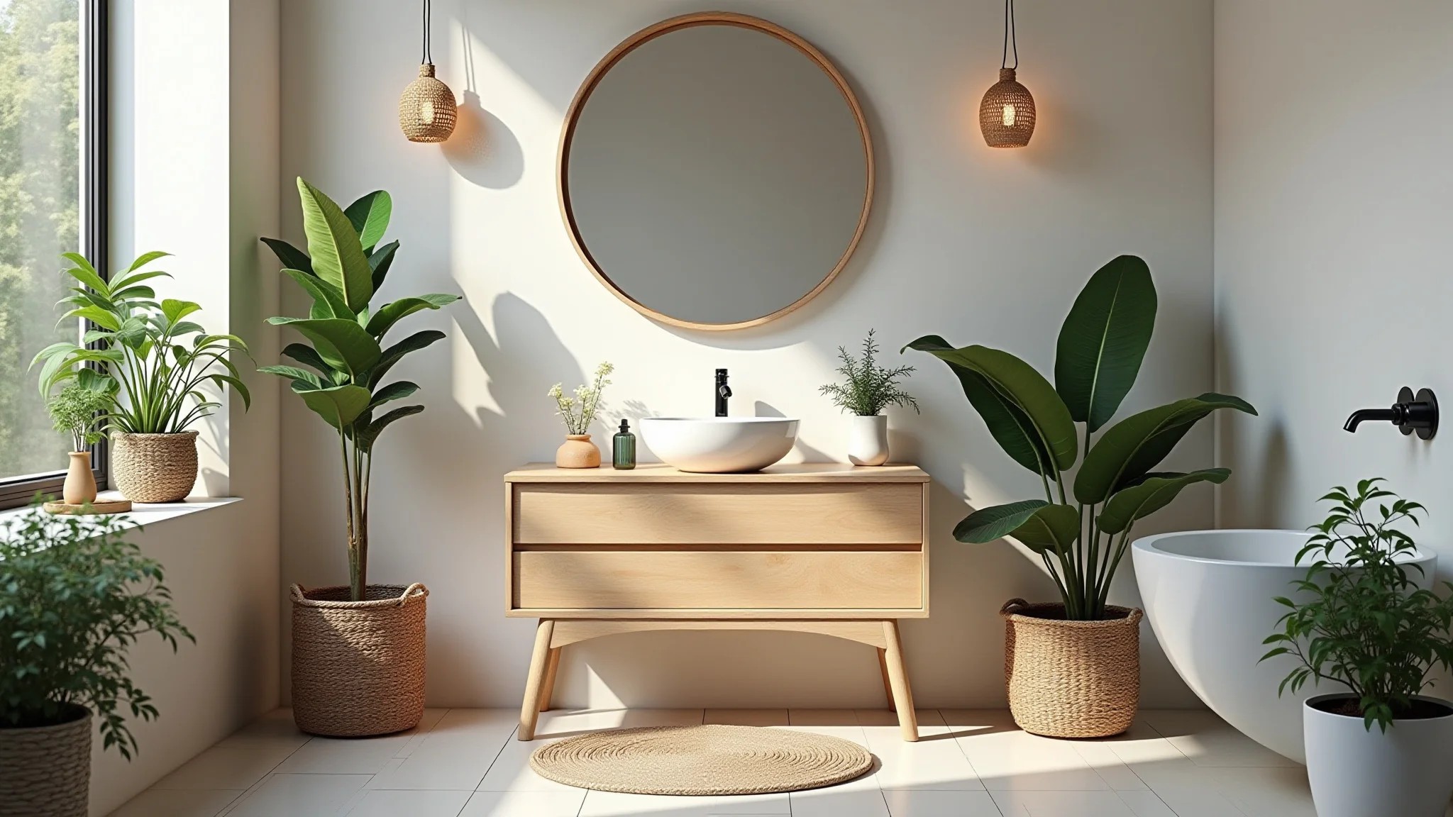 Banheiro boho com plantas, cestos de palha e detalhes em madeira natural.